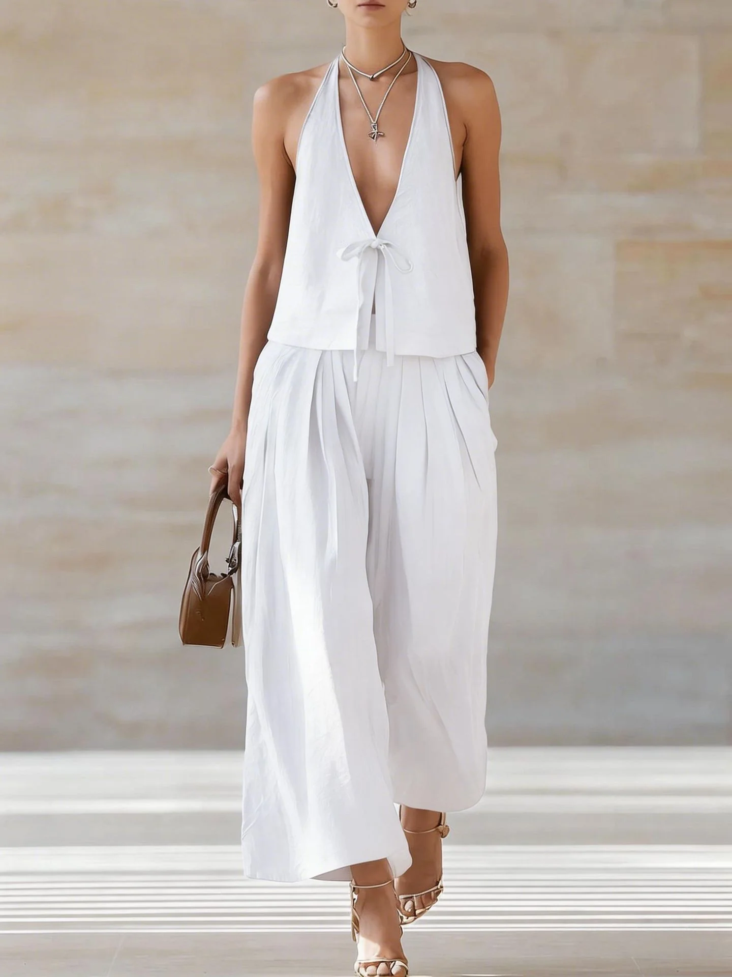 Women's Sleeveless Vest & Wide-Leg Pants Set – 2-Piece Lace-Up Outfit - Image 11