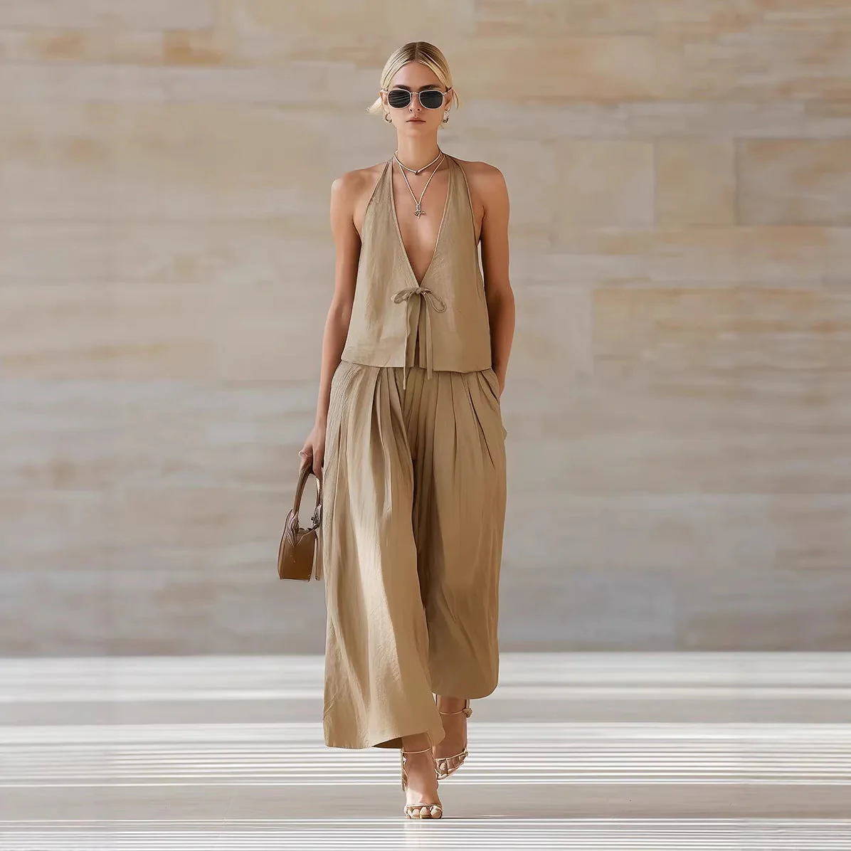 Women's Sleeveless Vest & Wide-Leg Pants Set – 2-Piece Lace-Up Outfit - Image 2