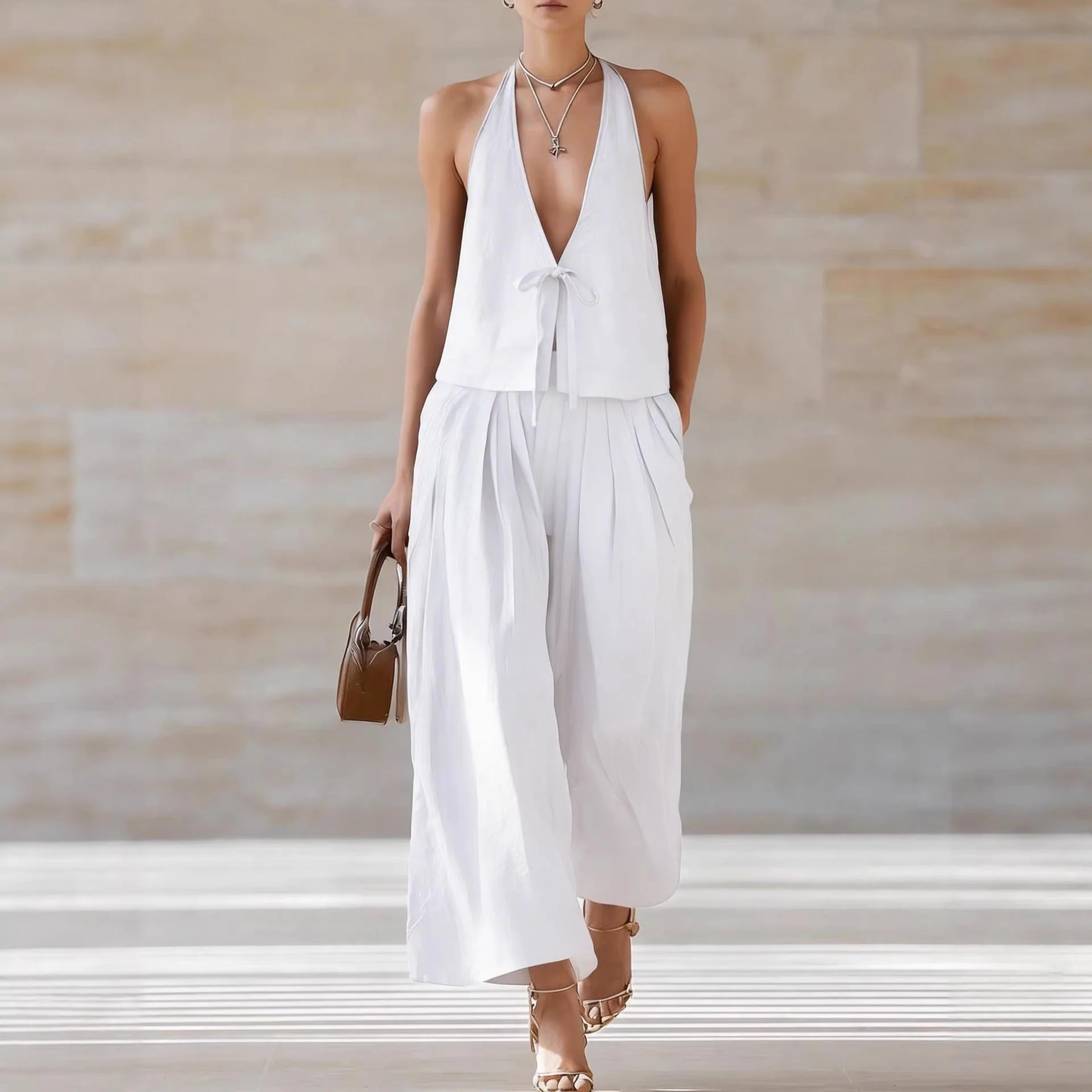 Women's Sleeveless Vest & Wide-Leg Pants Set – 2-Piece Lace-Up Outfit - Image 4