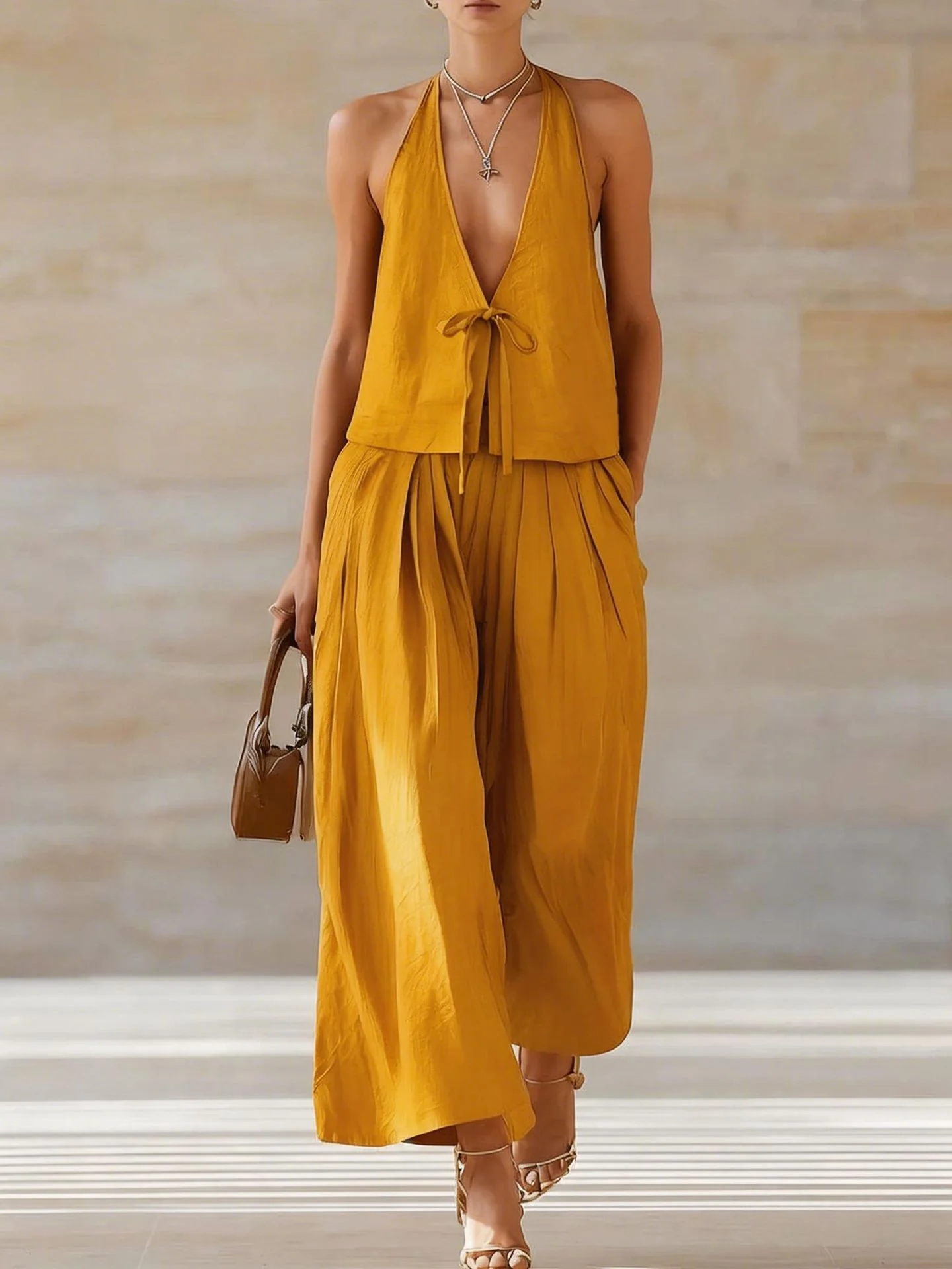 Women's Sleeveless Vest & Wide-Leg Pants Set – 2-Piece Lace-Up Outfit - Image 8