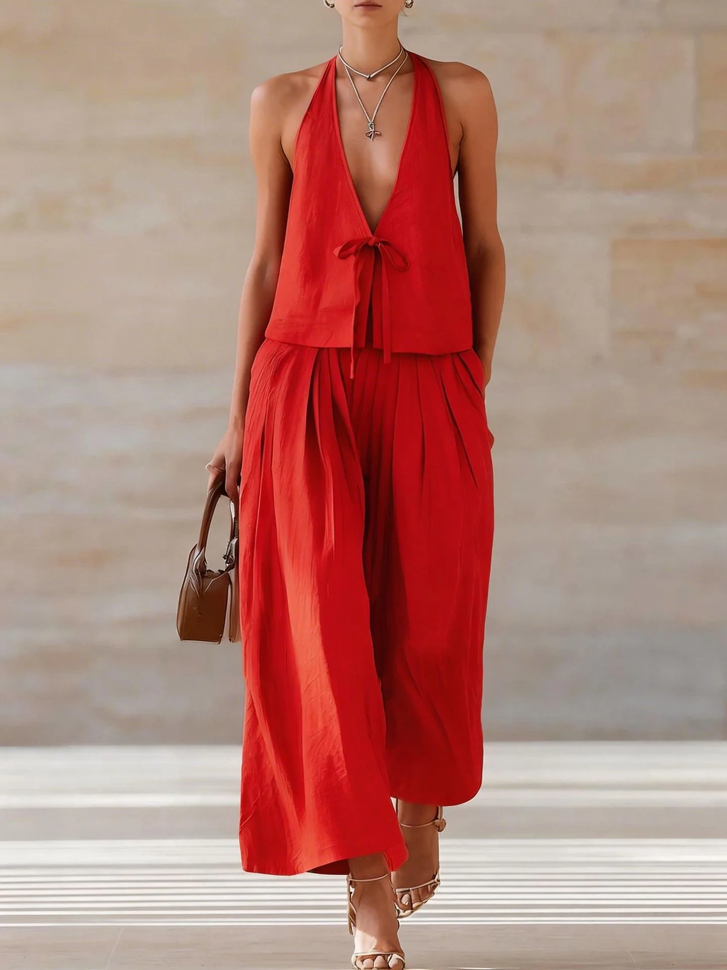 Women's Sleeveless Vest & Wide-Leg Pants Set – 2-Piece Lace-Up Outfit - Image 9