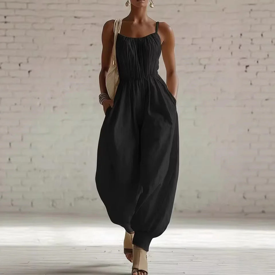 Women's Sleeveless Wide-Leg Jumpsuit – Knit, Low Waist, Flare Pants - Image 4