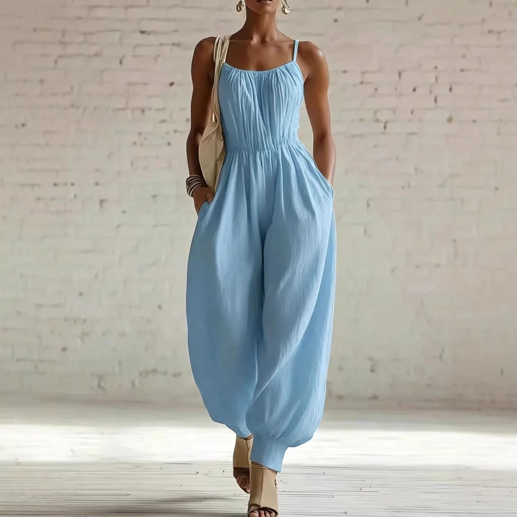 Women's Sleeveless Wide-Leg Jumpsuit – Knit, Low Waist, Flare Pants - Image 5