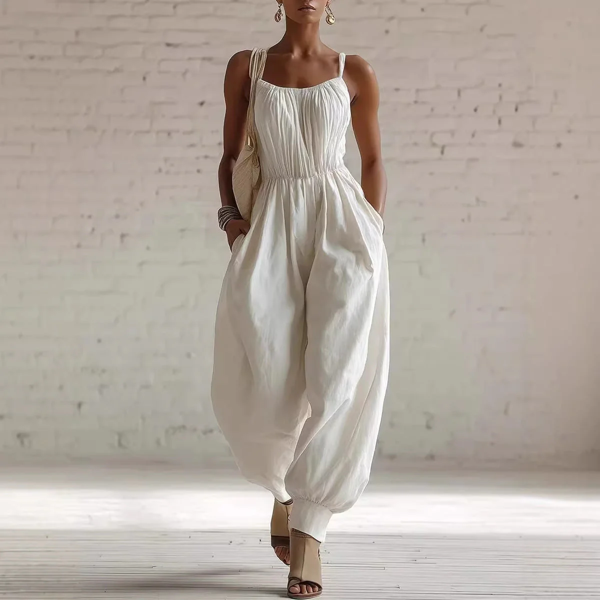 Women's Sleeveless Wide-Leg Jumpsuit – Knit, Low Waist, Flare Pants - Image 6