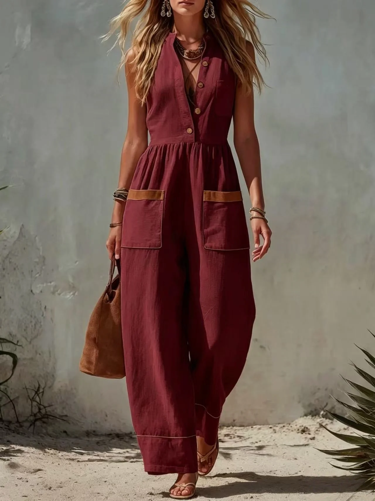 Women's Sleeveless Wide-Leg Jumpsuit – Loose Fit, V-Neck, Cotton Linen - Image 10