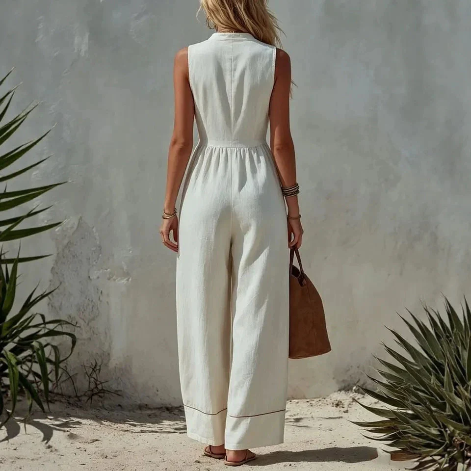 Women's Sleeveless Wide-Leg Jumpsuit – Loose Fit, V-Neck, Cotton Linen - Image 3
