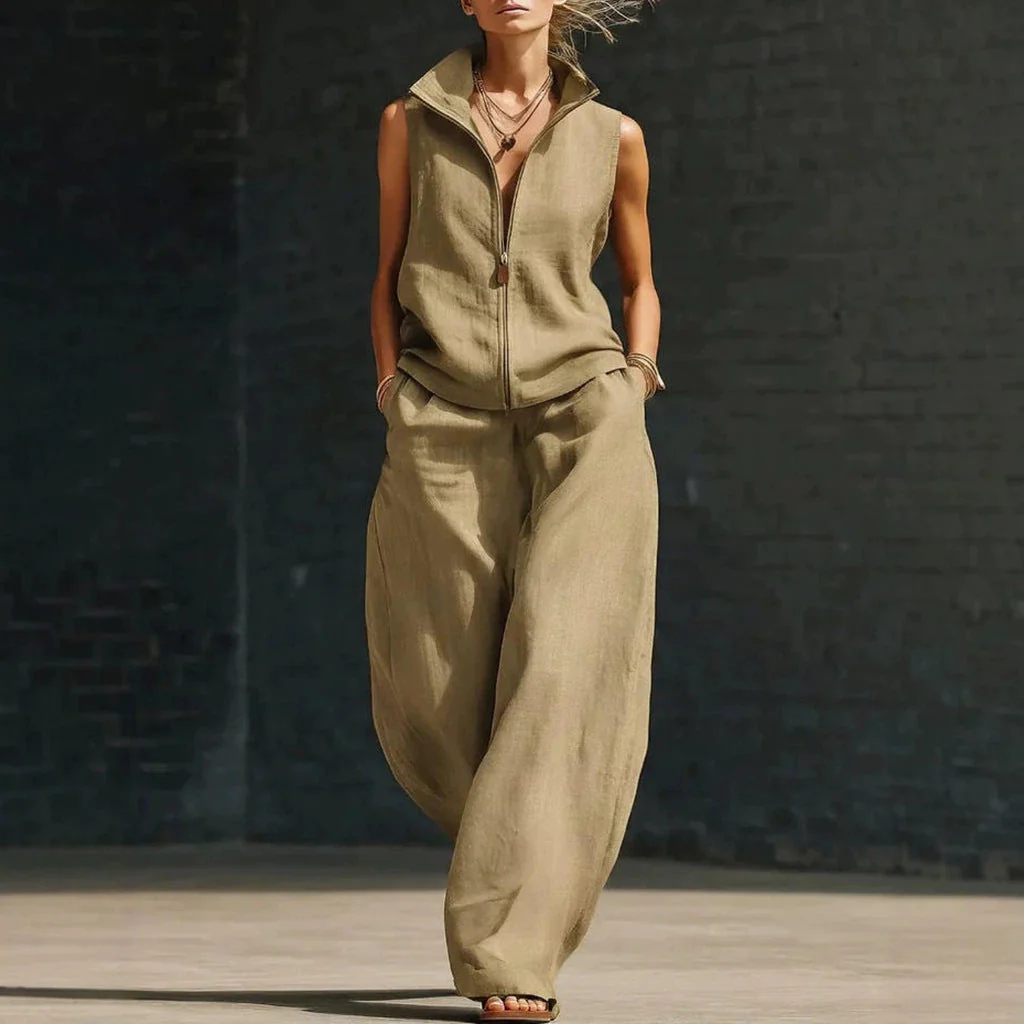 Women's Sleeveless Zippered Linen Two-Piece Set - Image 5