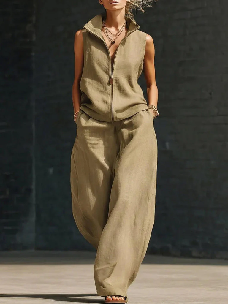 Women's Sleeveless Zippered Linen Two-Piece Set - Image 6