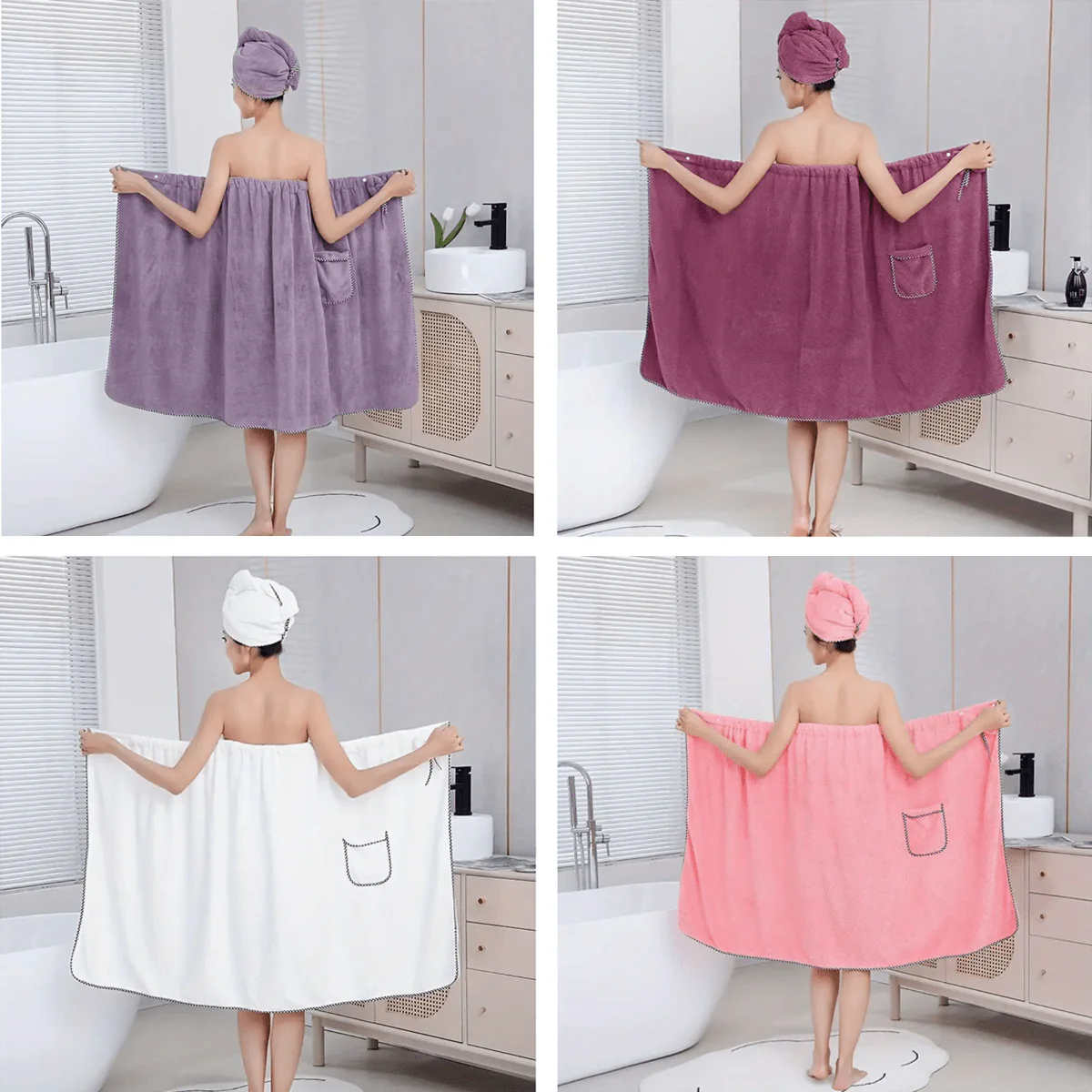 Women's Soft Coral Fleece Bath Wrap Towel with Pocket - Image 11