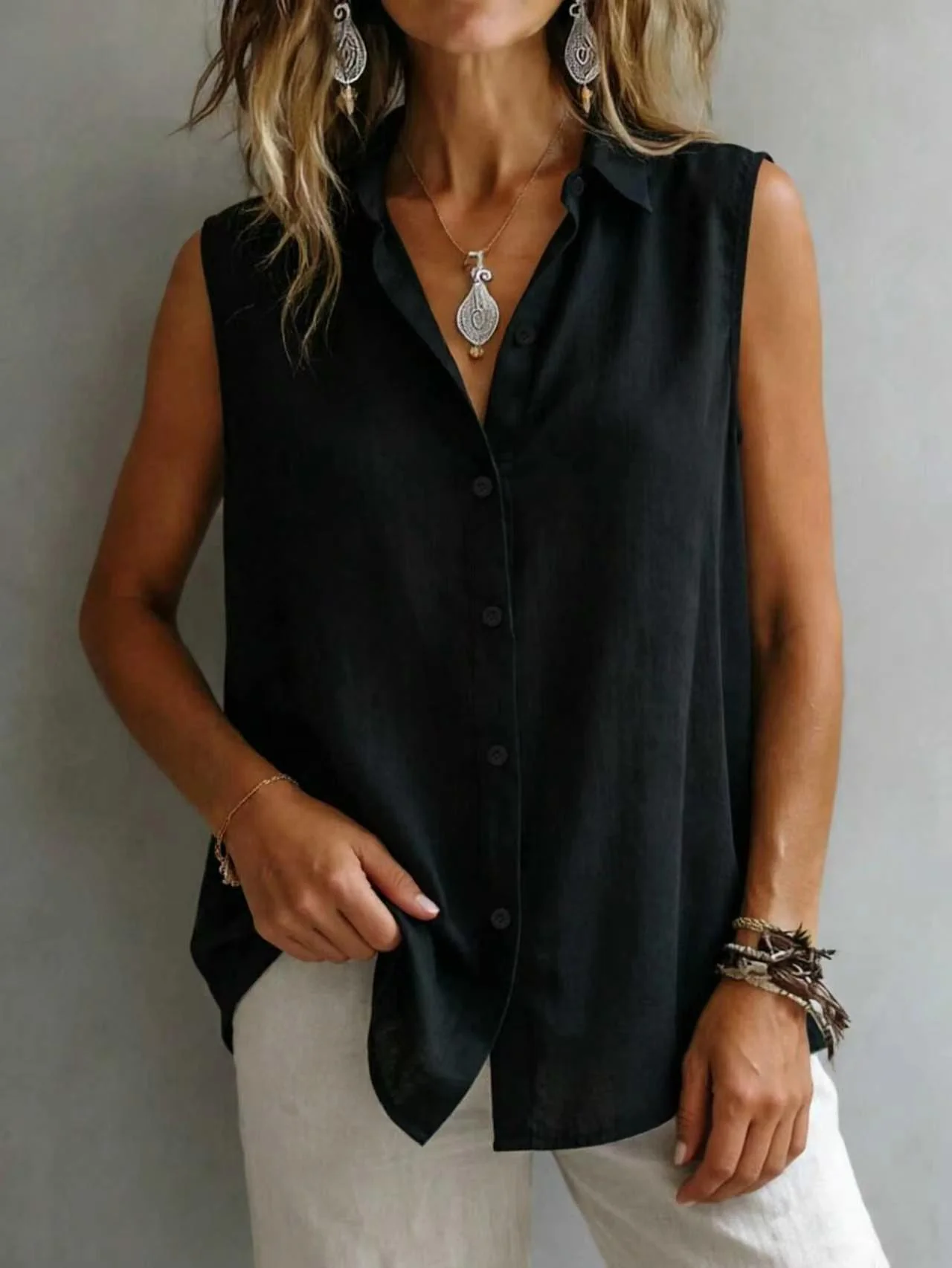Women's Solid Color Lapel Sleeveless Top - Image 6