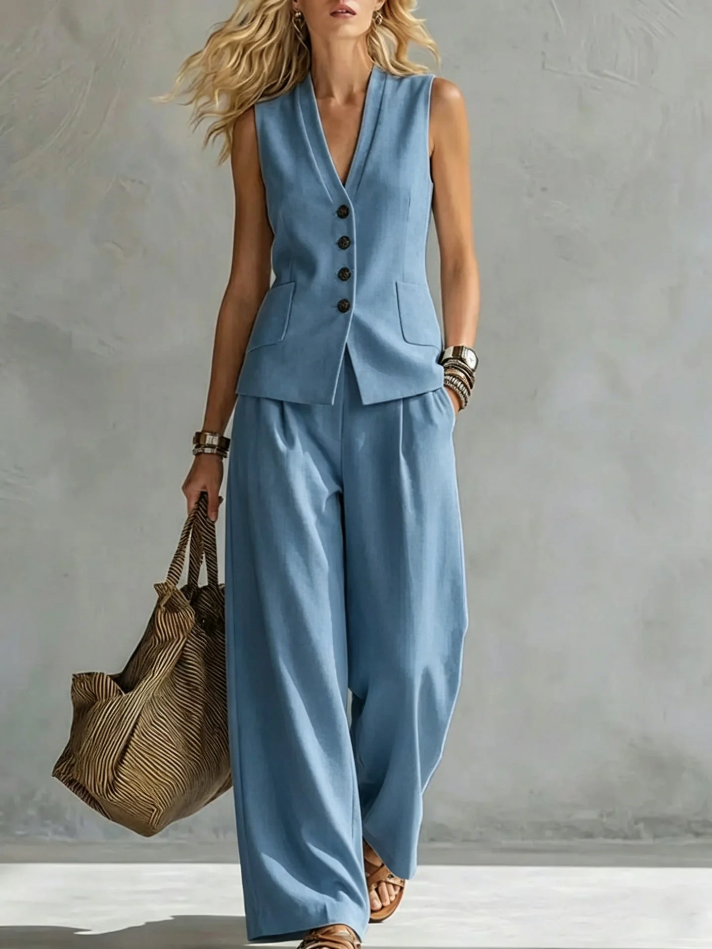 Women's Solid Linen Sleeveless Tank Top & Full-Length Pants Set - Image 8