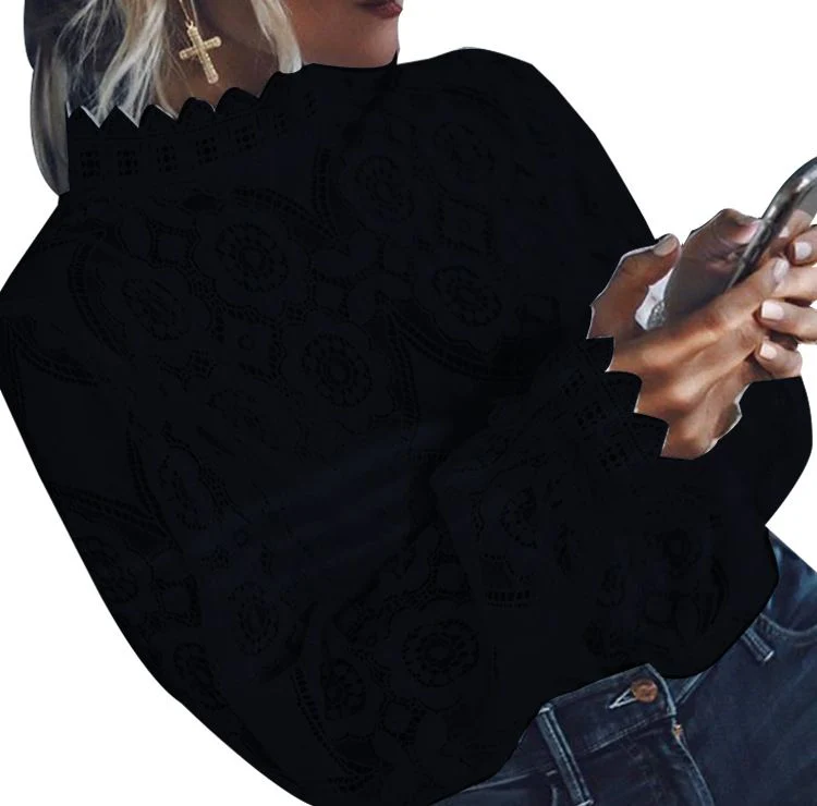 Women's Spring Sexy Perspective Long Sleeve Stand Collar Lace Shirt Top Women's Wear - Image 12