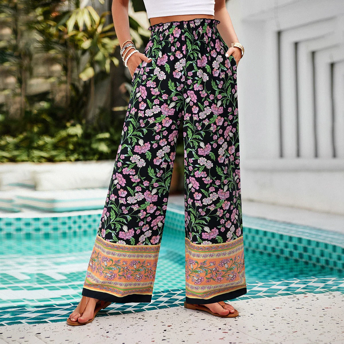 Women's Spring/Summer Elegance Casual Print Tie Up Pants - Image 7