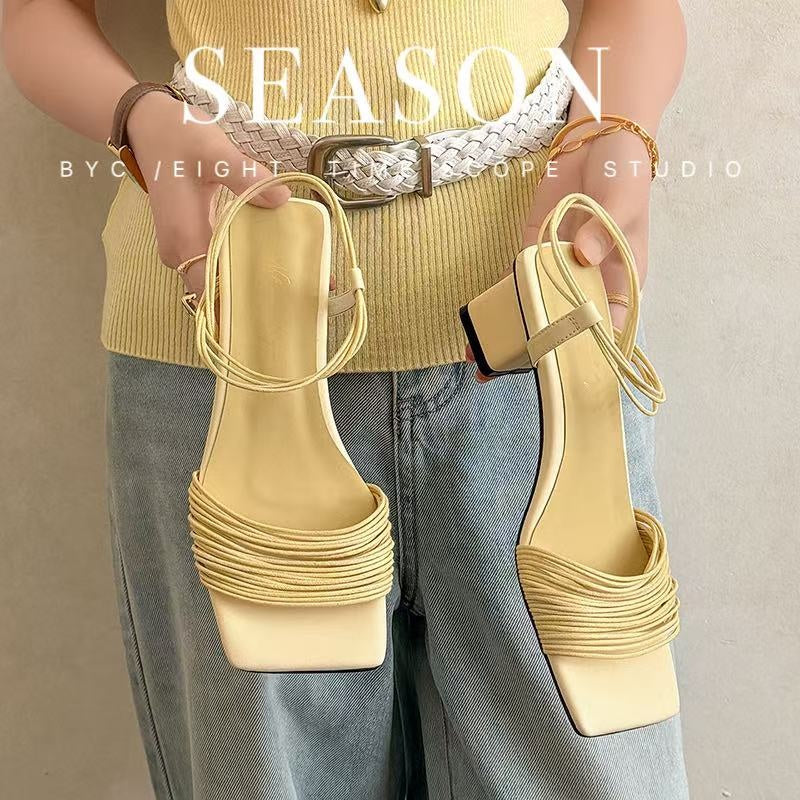 Women's Square-Toe Block Heel Sandals – Multi-Strap Ankle Wrap Mid-Heel Shoes with Pigskin Lining - Image 4