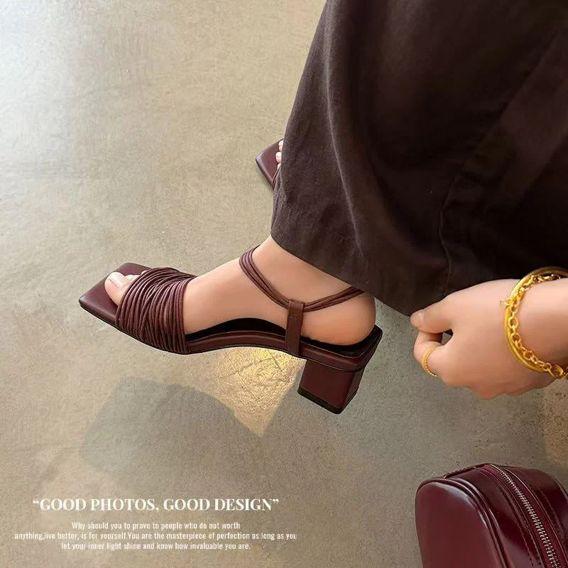 Women's Square-Toe Block Heel Sandals – Multi-Strap Ankle Wrap Mid-Heel Shoes with Pigskin Lining - Image 6
