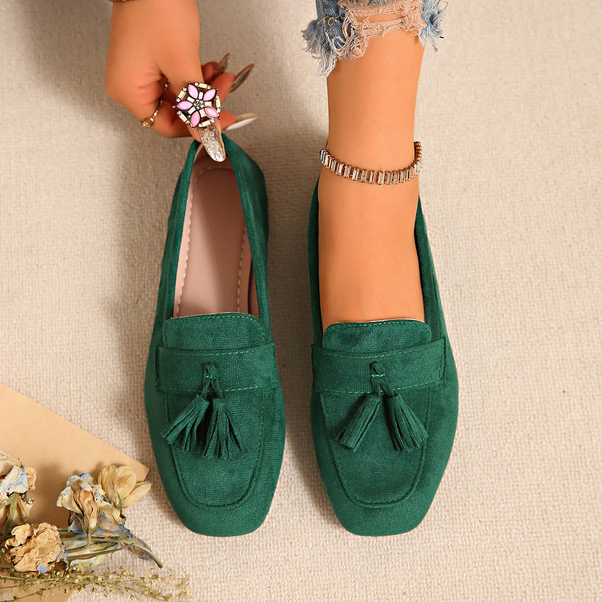 Women's Square Toe Tassel Slip-On Loafers | Suede Flat Casual Shoes - Image 6