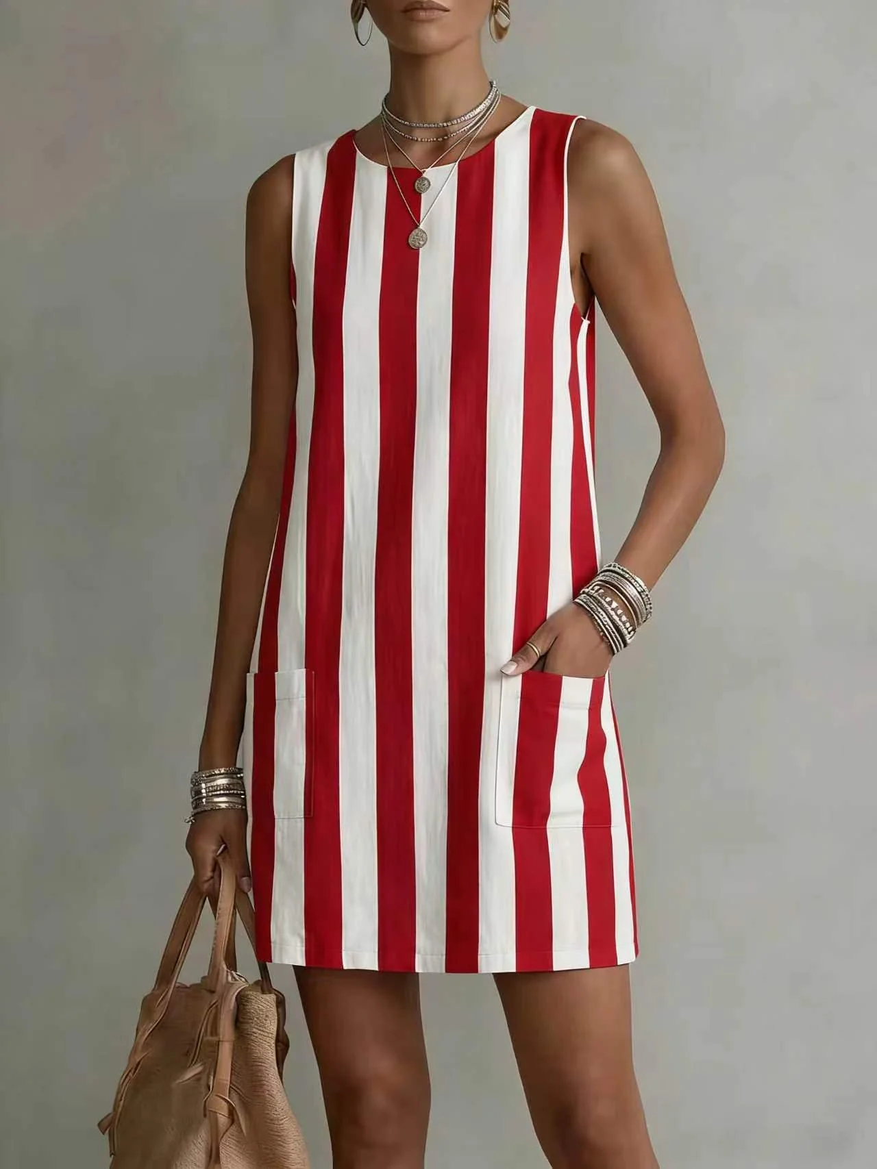 Women's Striped Color-Block Sleeveless Mini Dress – Loose Fit - Image 12