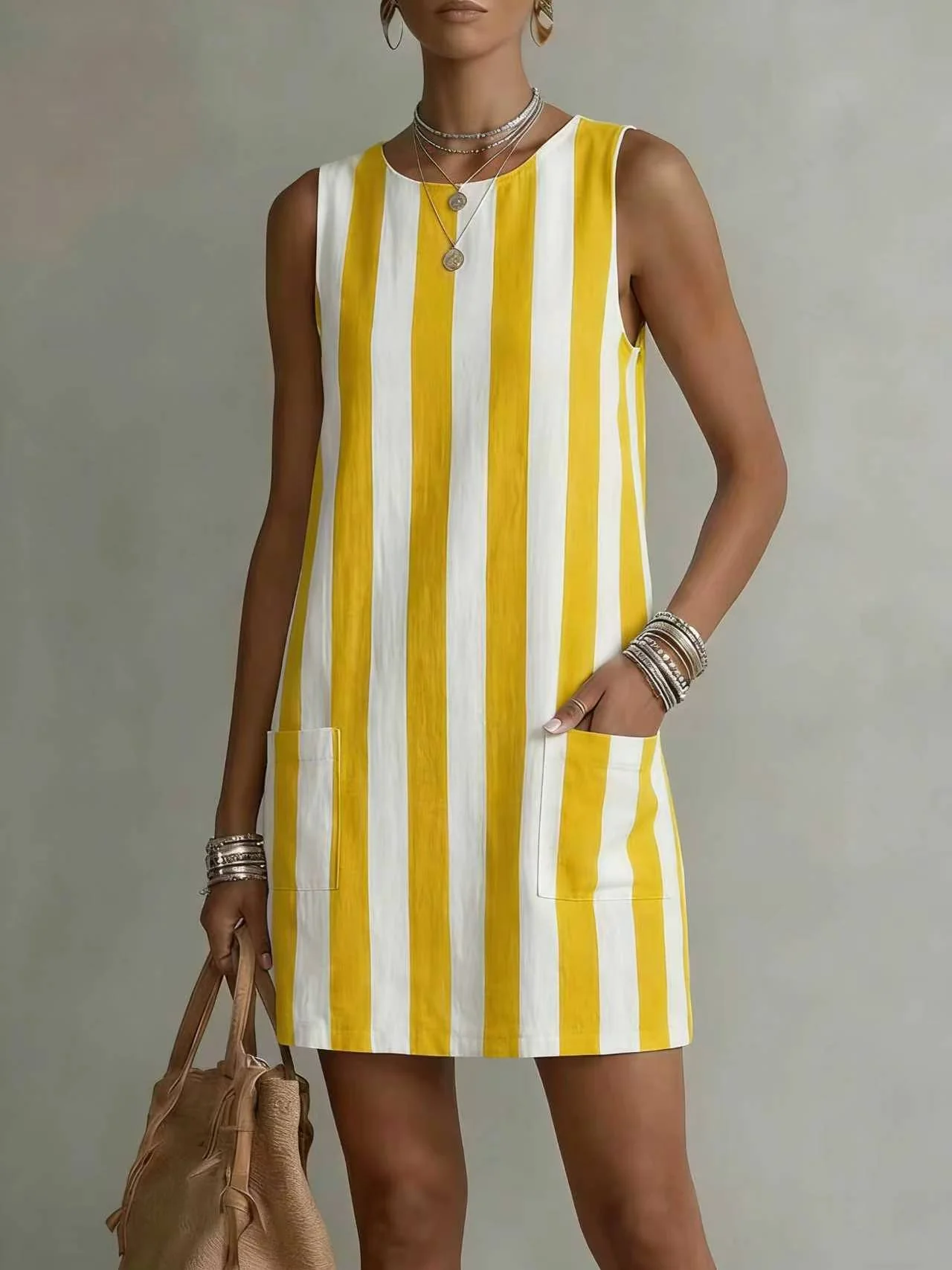 Women's Striped Color-Block Sleeveless Mini Dress – Loose Fit - Image 13