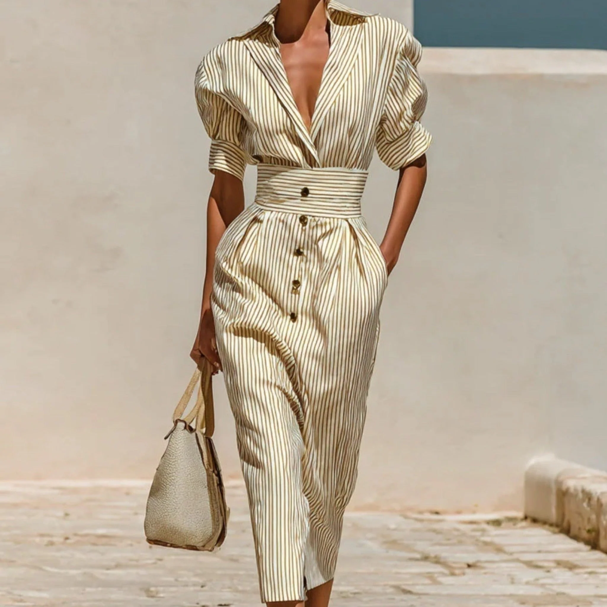 Women's Striped Lace-Up Shirt Dress – High Waist Slim Fit Midi - Image 3