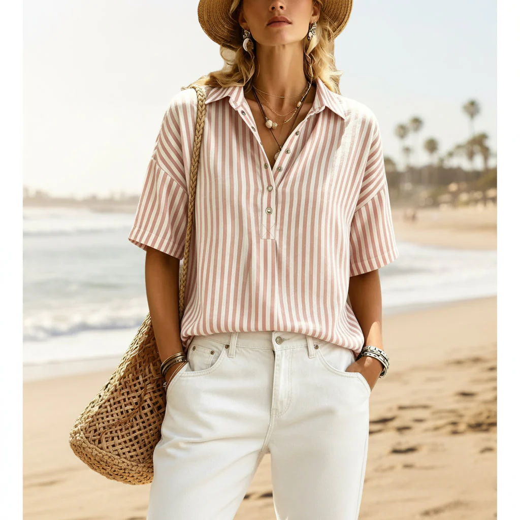 Women's Striped Short-Sleeve Shirt with Turn-Down Collar - Image 2