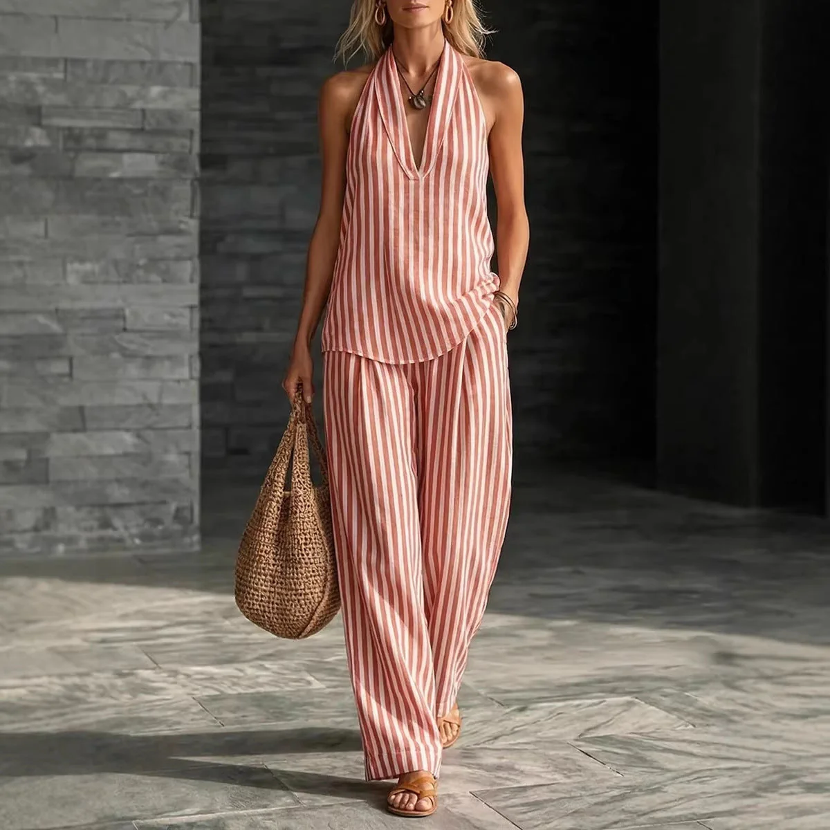 Women's Striped Sleeveless Top & Wide-Leg Pants Set – Fashionable 2-Piece - Image 3
