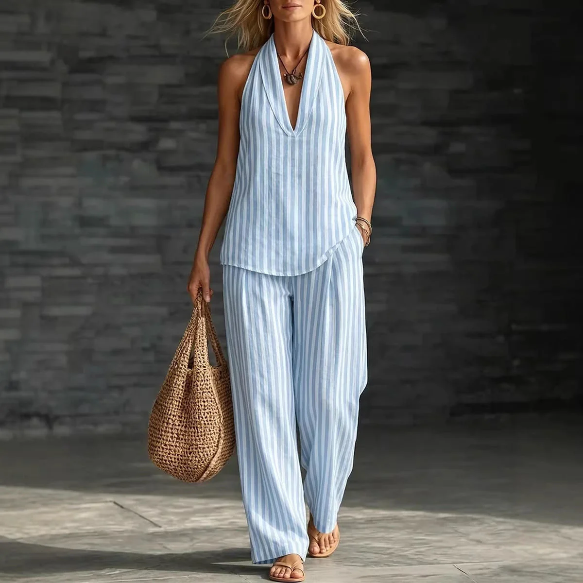 Women's Striped Sleeveless Top & Wide-Leg Pants Set – Fashionable 2-Piece - Image 5