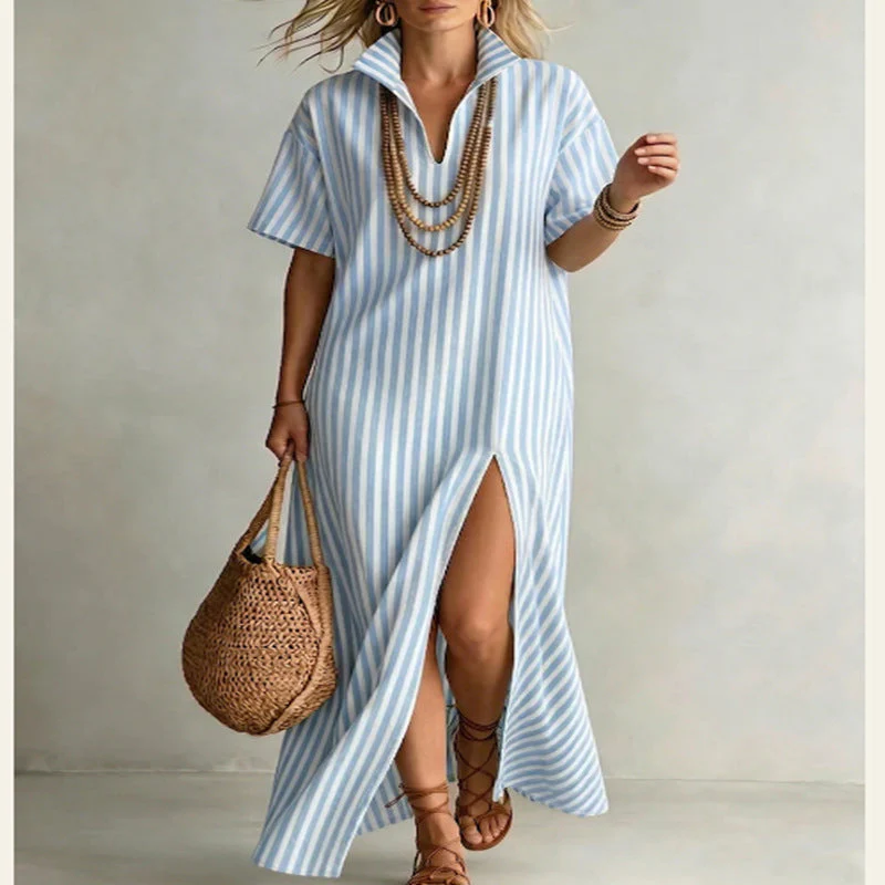Women's Striped Slit Cotton-Linen Maxi Dress – V-Neck Short Sleeve - Image 5