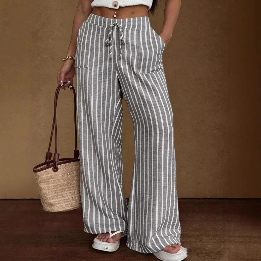 Women's Striped Wide-Leg Trousers – Lace-Up Elastic Waist Loose Fit - Image 4