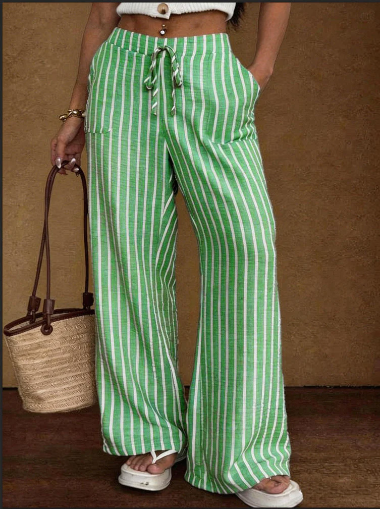 Women's Striped Wide-Leg Trousers – Lace-Up Elastic Waist Loose Fit - Image 7