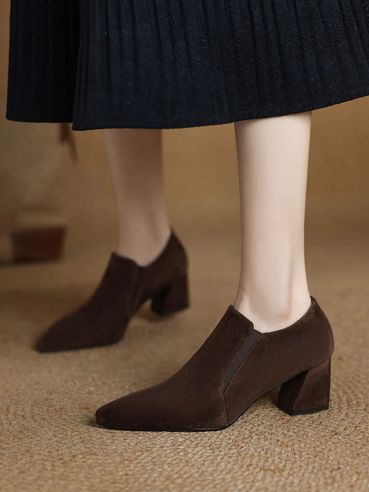 Women's Suede Pointed Toe Chunky Heel Pumps – Deep Vamp Low Heel - Image 4