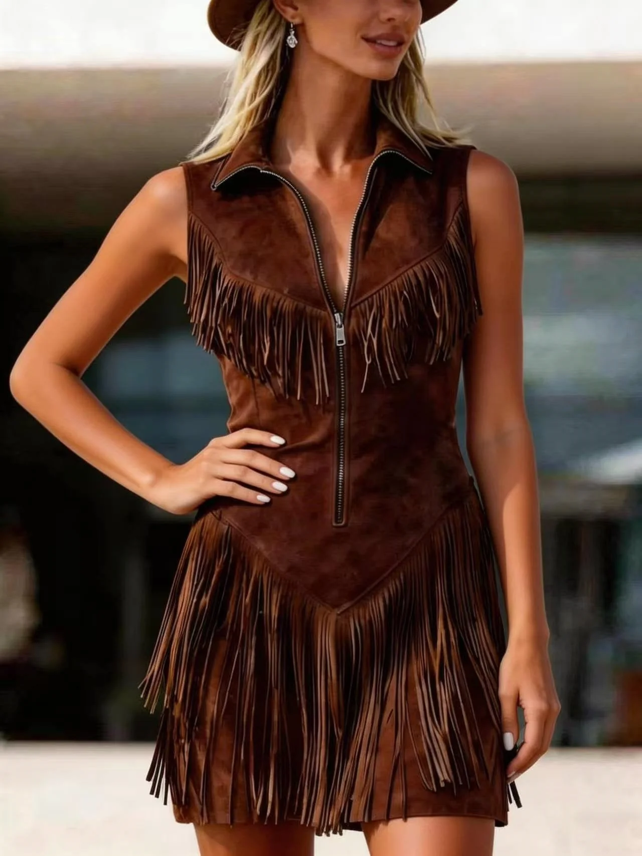 Women's Suede Western Tassel Sleeveless Slim-Fit Midi Dress - Image 2