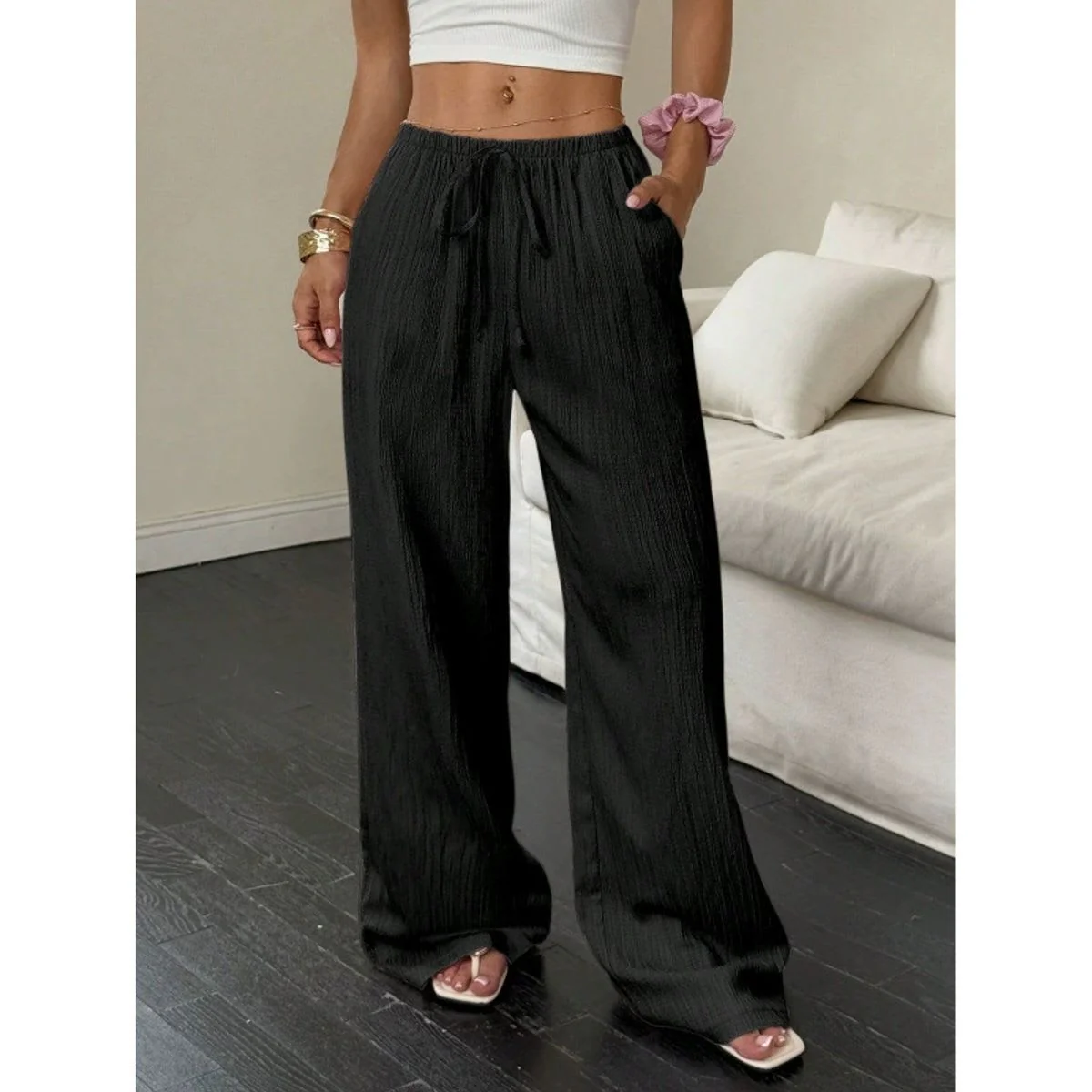 Women's Textured High-Waist Wide-Leg Pants - Image 2