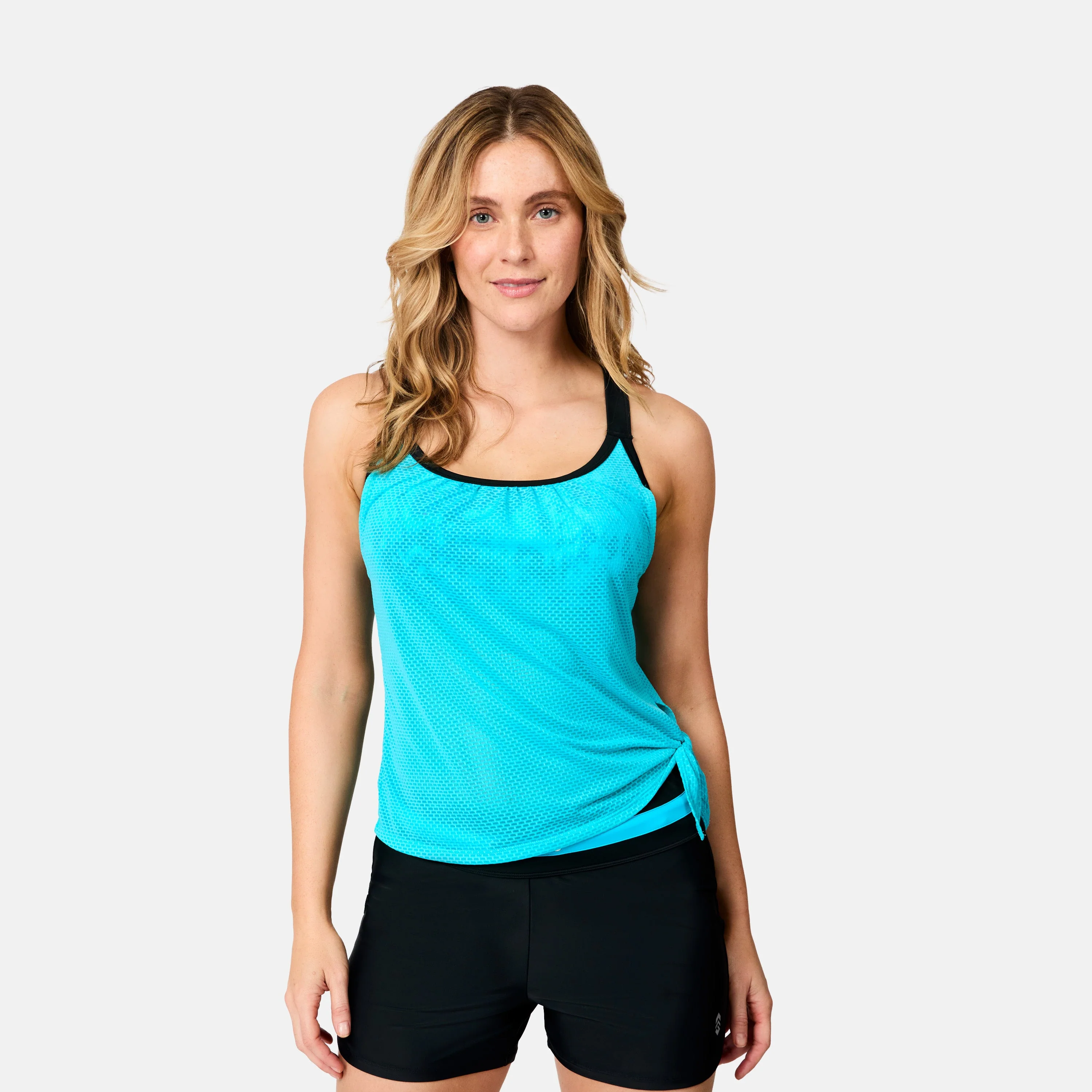 Women's Textured Mesh Side Tie Blouson Tankini Top - Image 2