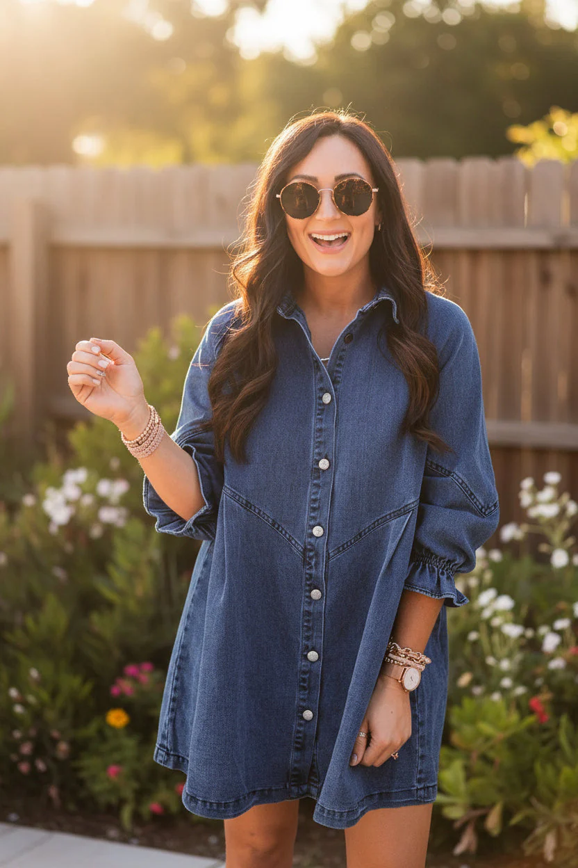 Women's Three-Quarter Sleeve Denim Dress – Ruffle Detail Mid-Length - Image 4