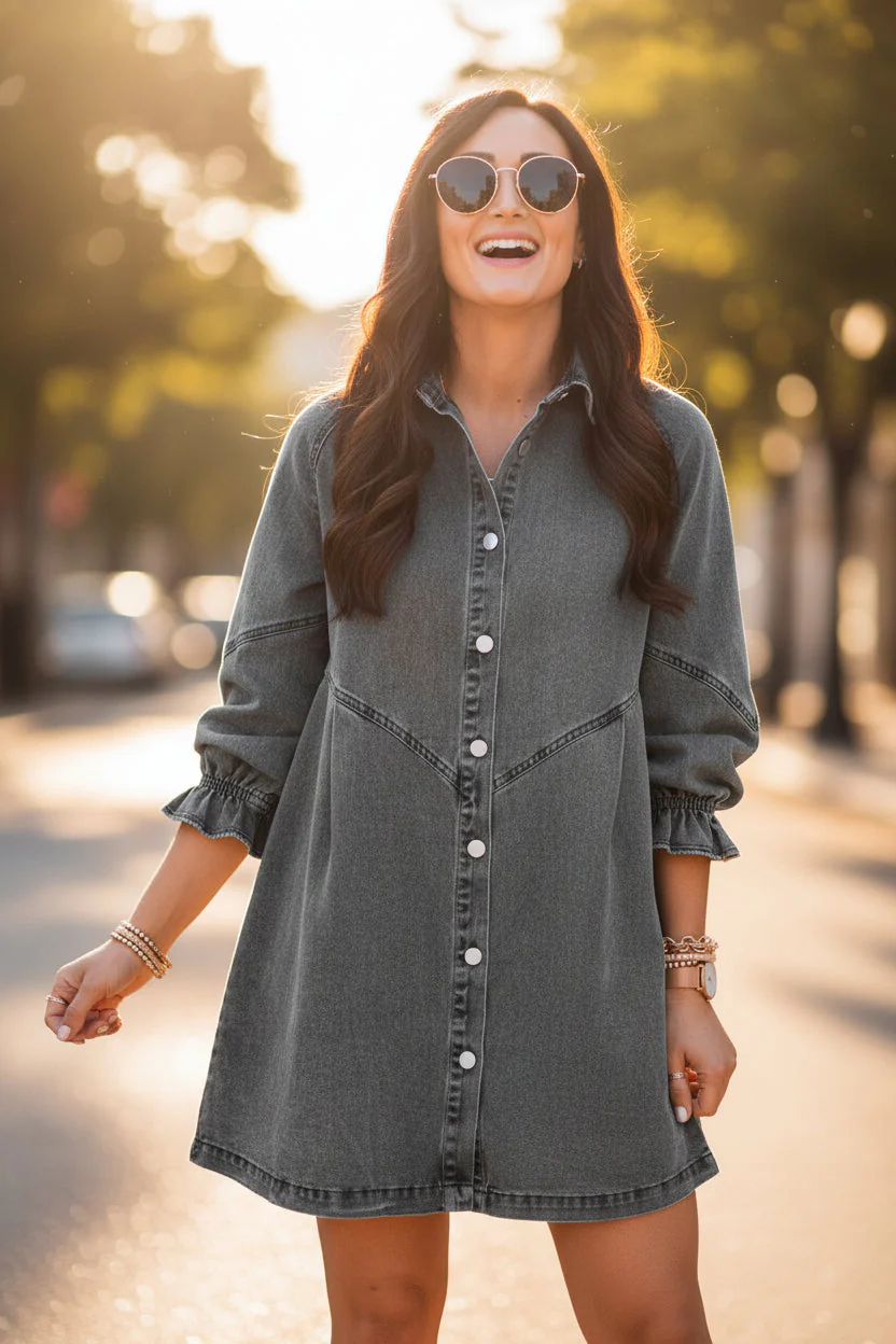 Women's Three-Quarter Sleeve Denim Dress – Ruffle Detail Mid-Length - Image 8