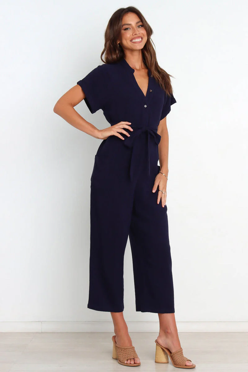 Women's V-Neck Cropped Wide-Leg Knit Jumpsuit - Image 8