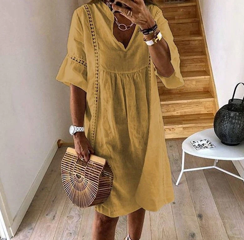 Women's V-Neck Flared Sleeve A-Line Mini Dress – Lace Stitching - Image 5
