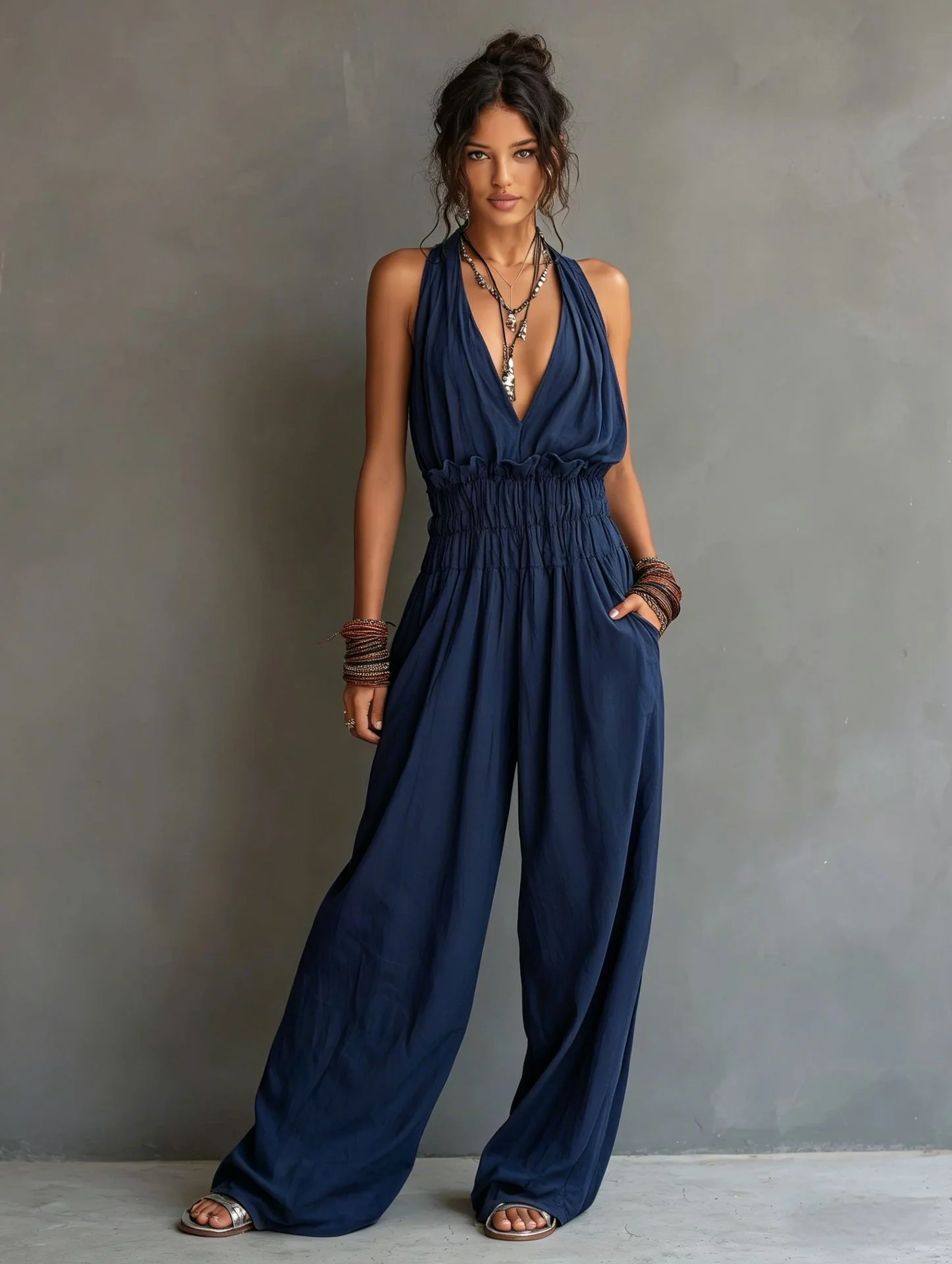 Women's V-Neck Halter Jumpsuit – Sleeveless Open Back Waist-Cinching - Image 2
