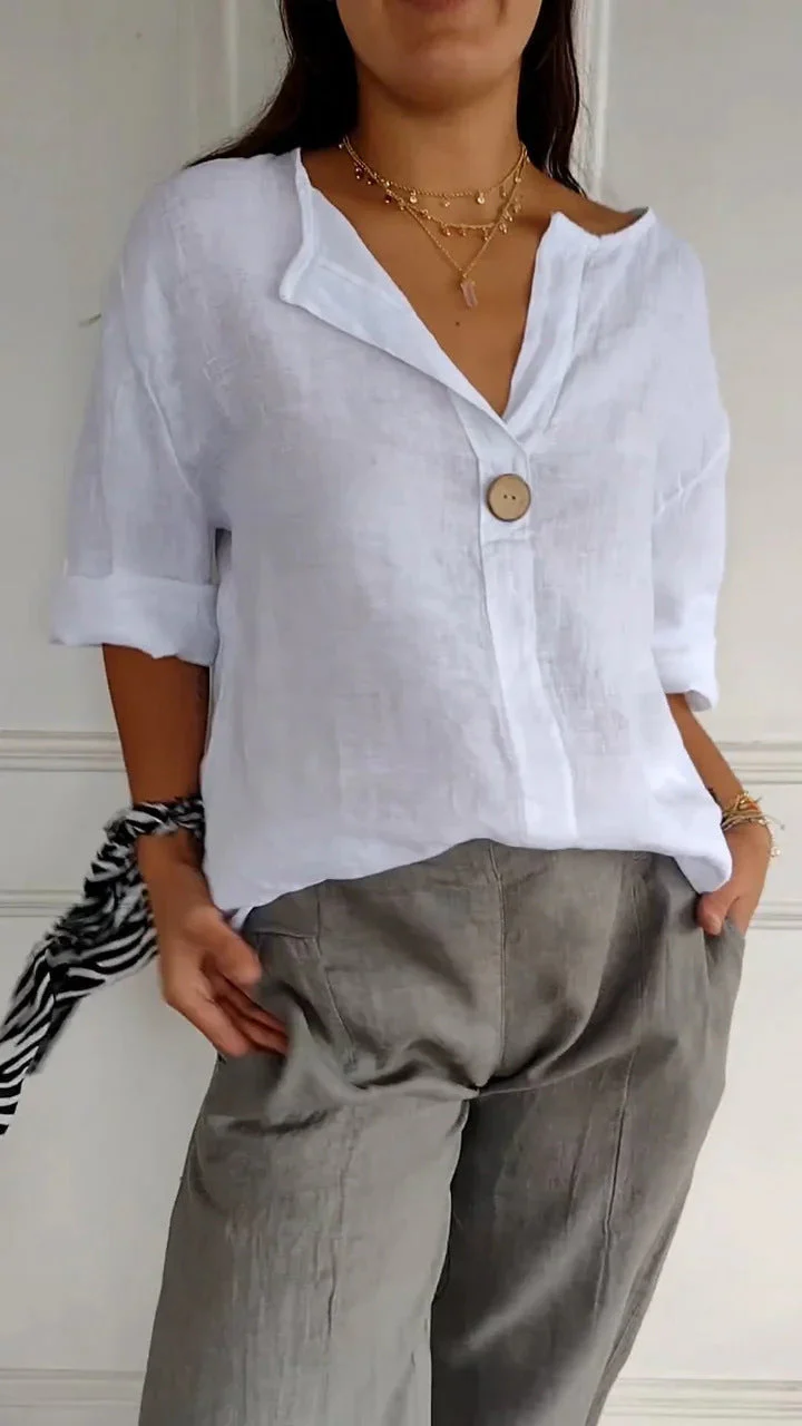 Women's V-Neck Long-Sleeve Button Top – Loose Fit Casual Blouse - Image 11