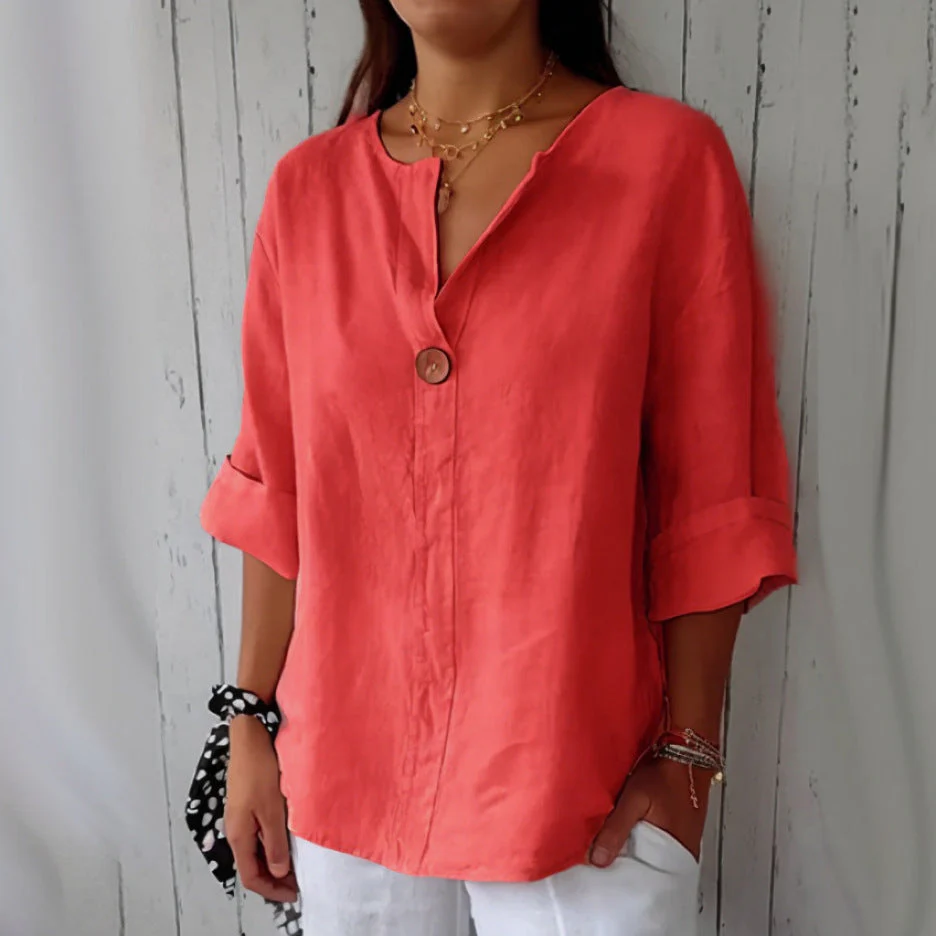 Women's V-Neck Long-Sleeve Button Top – Loose Fit Casual Blouse - Image 2