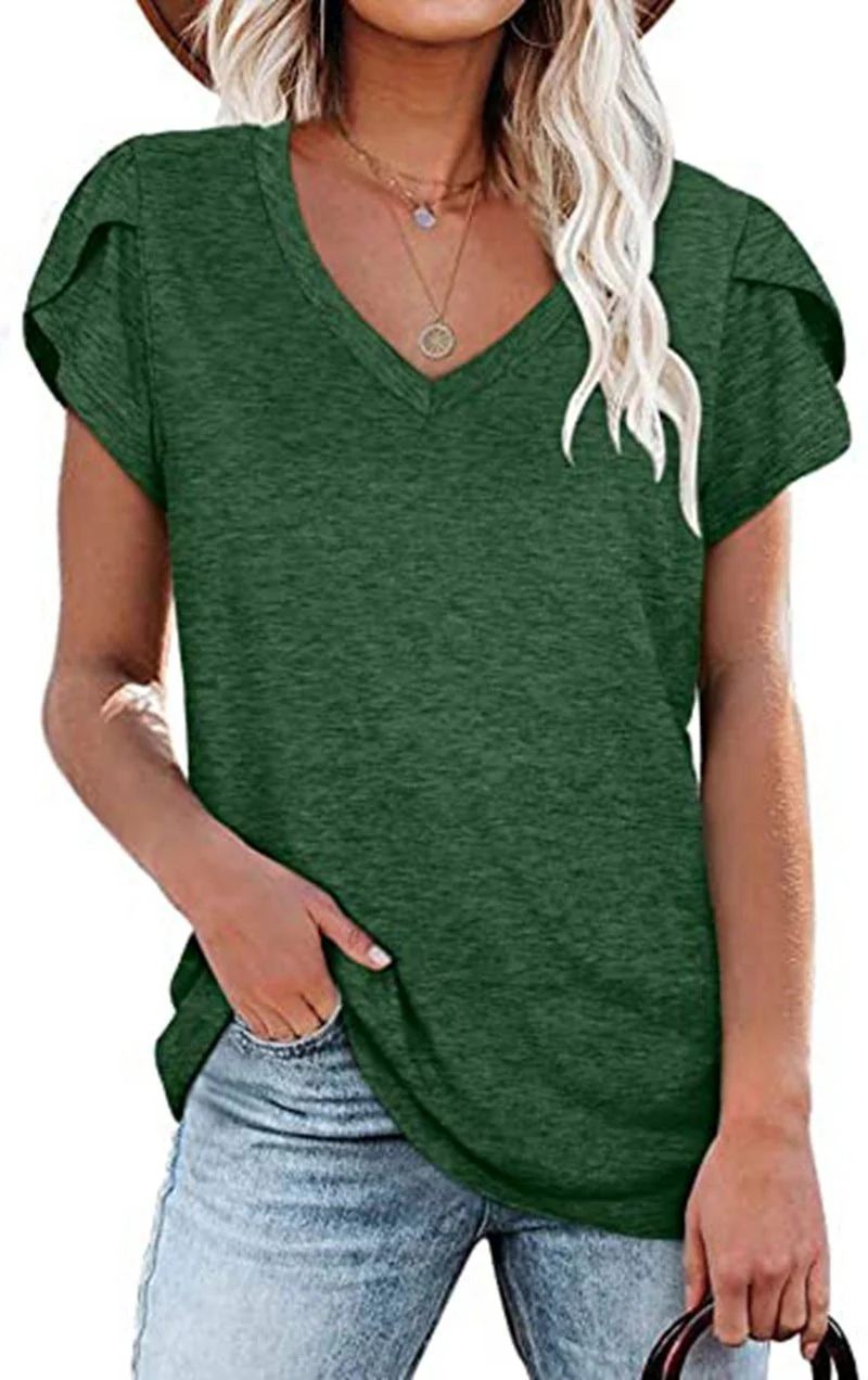 🌸 Women's V-Neck Petal Sleeve Summer T-Shirt – Elegant & Breezy - Image 2