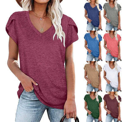 🌸 Women's V-Neck Petal Sleeve Summer T-Shirt – Elegant & Breezy - Image 3
