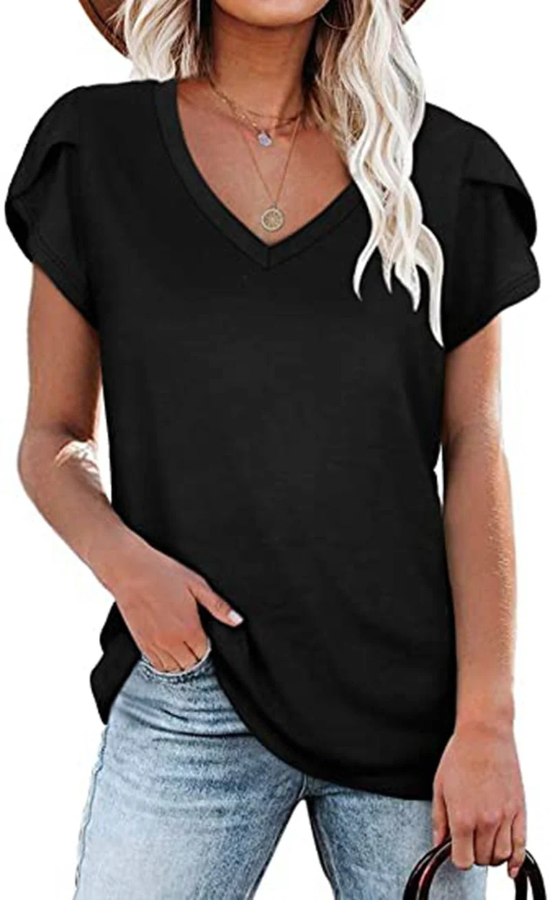 🌸 Women's V-Neck Petal Sleeve Summer T-Shirt – Elegant & Breezy - Image 5