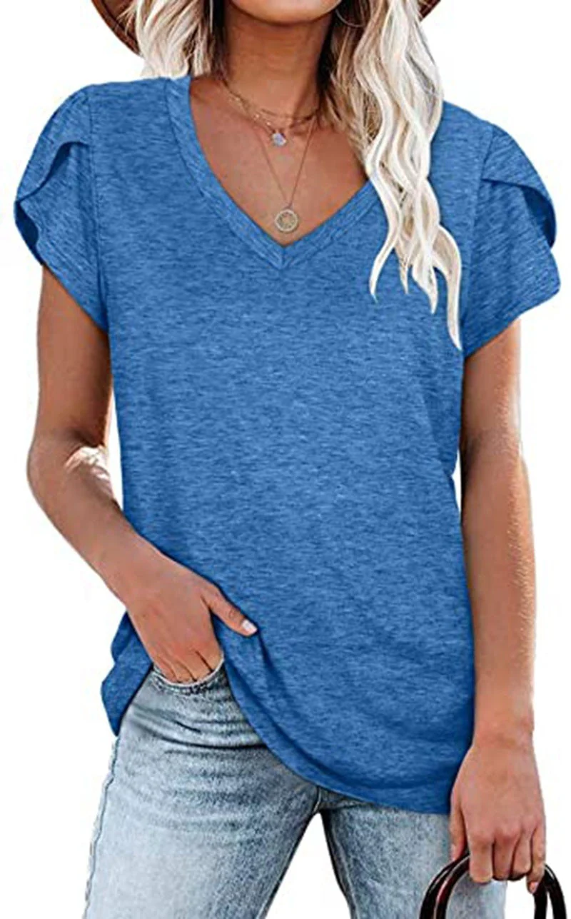 🌸 Women's V-Neck Petal Sleeve Summer T-Shirt – Elegant & Breezy - Image 6