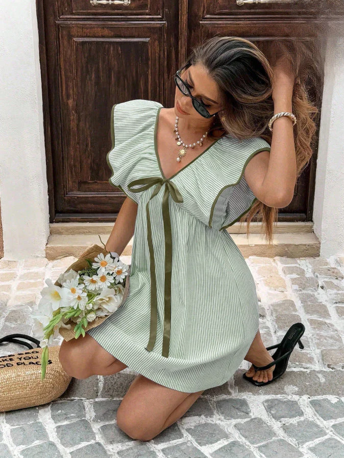Women's V-Neck Ruffle Puff Sleeve Mini Dress – Flirty Summer Dress - Image 3