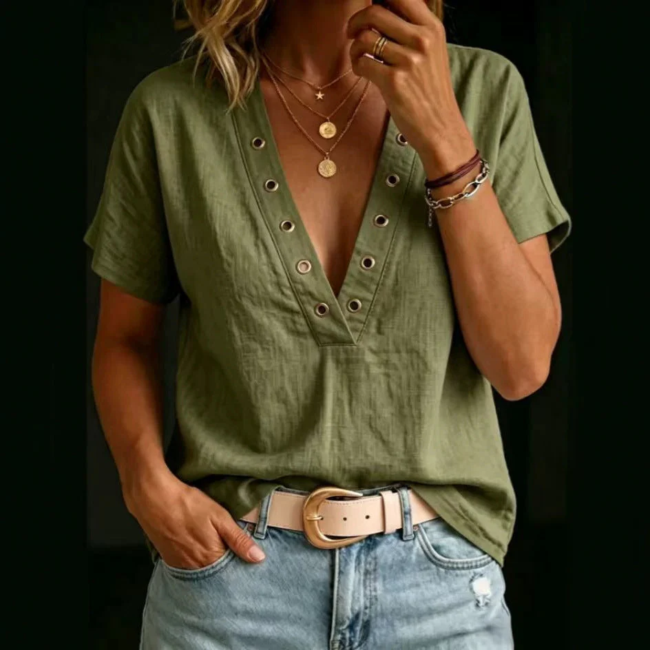 Women's V-Neck Short-Sleeve Loose-Fit Linen Shirt - Image 3