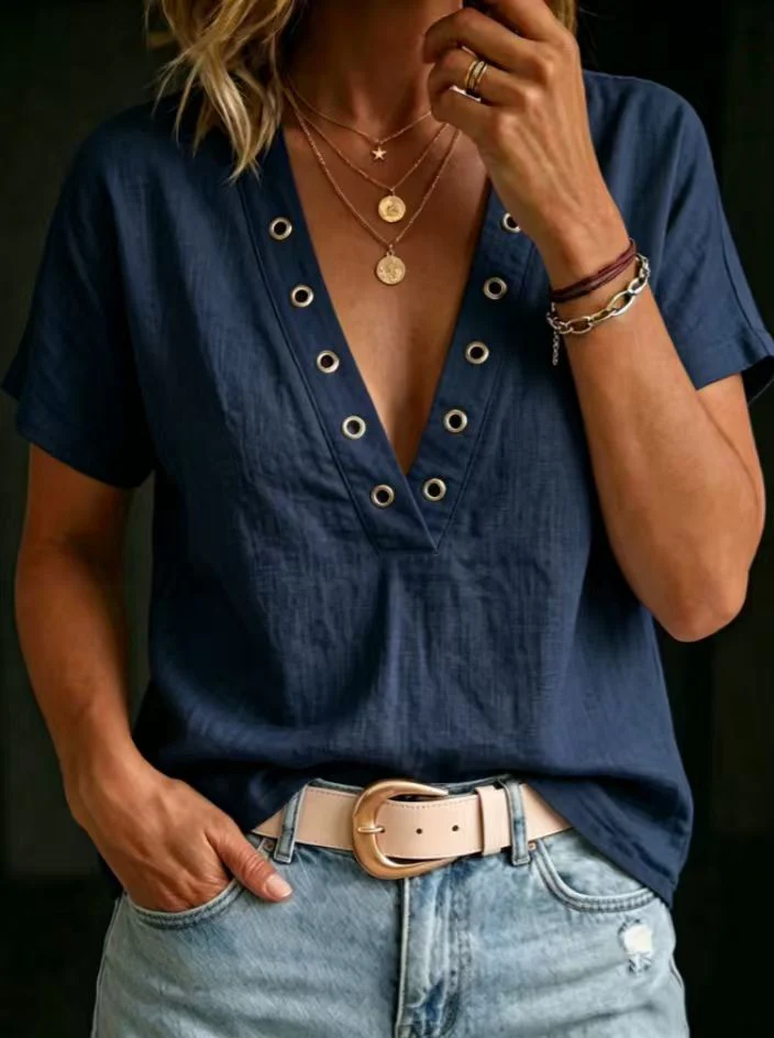 Women's V-Neck Short-Sleeve Loose-Fit Linen Shirt - Image 7