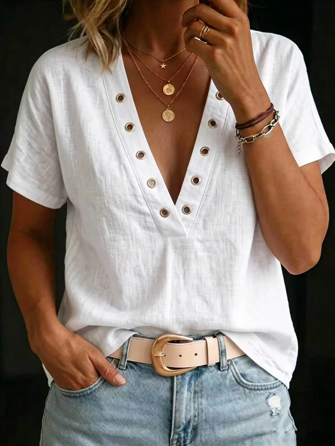 Women's V-Neck Short-Sleeve Loose-Fit Linen Shirt - Image 8
