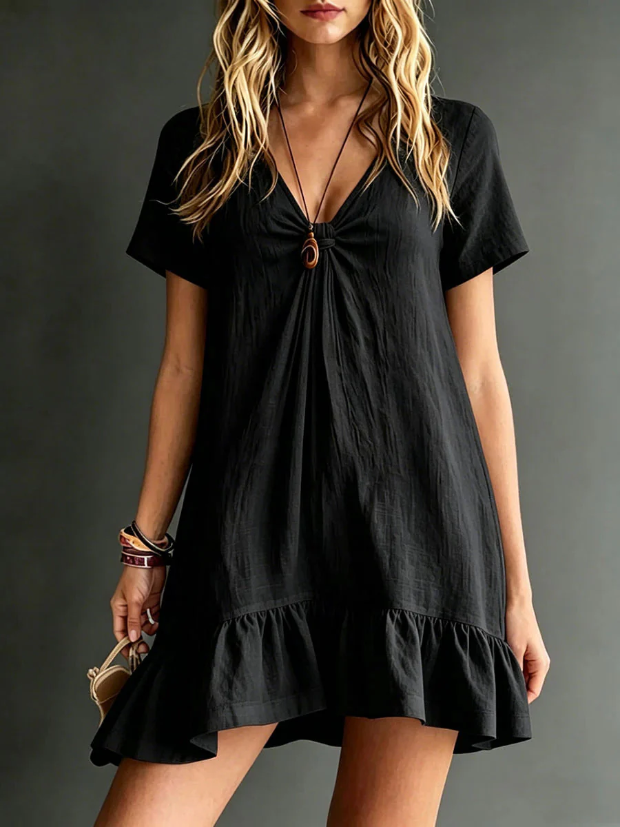 Women's V-Neck Short-Sleeve Midi Dress – Ice Silk Crepe Loose Casual - Image 5
