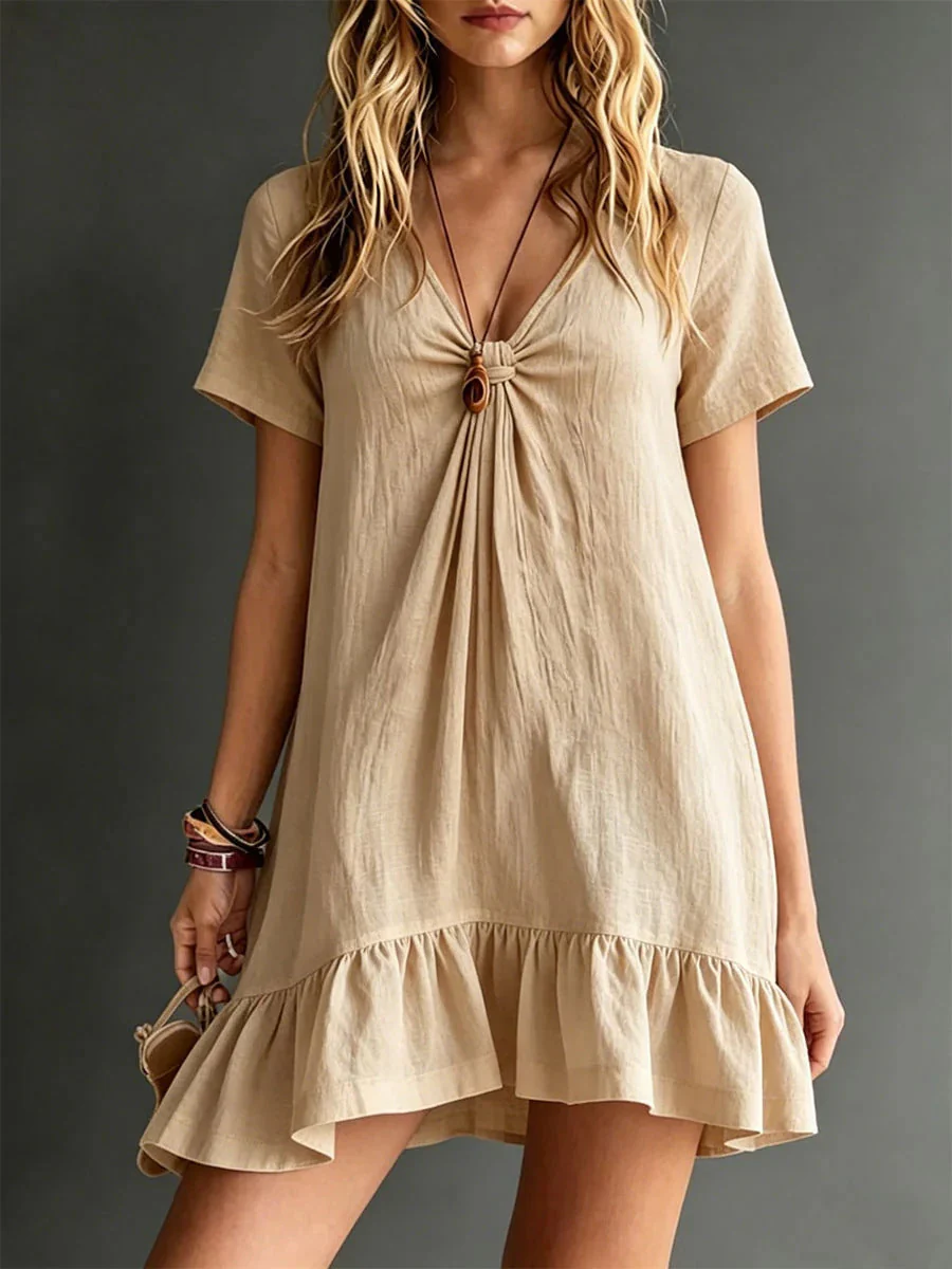 Women's V-Neck Short-Sleeve Midi Dress – Ice Silk Crepe Loose Casual - Image 6